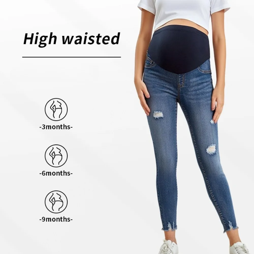 

Европейские и американские потертые синие джинсы для женщин, облегающие джинсовые брюки для беременных с поддержкой живота и подтяжкой ягодиц
