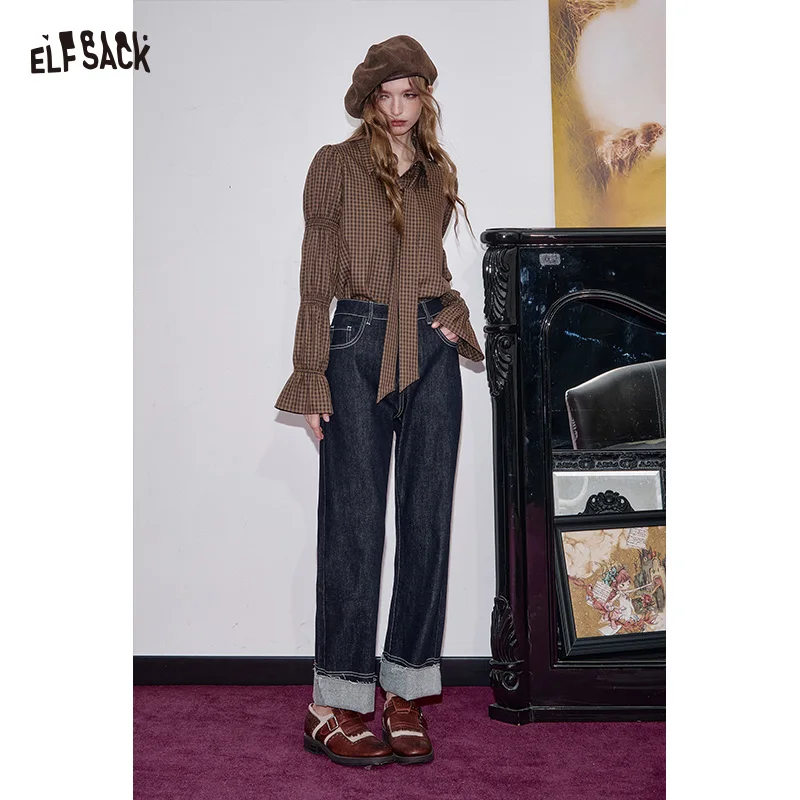 

ELFSACK 2025 Winter New Arrivals Casual Vintage Cuff Hem Versatile Washed Jeans For Woman