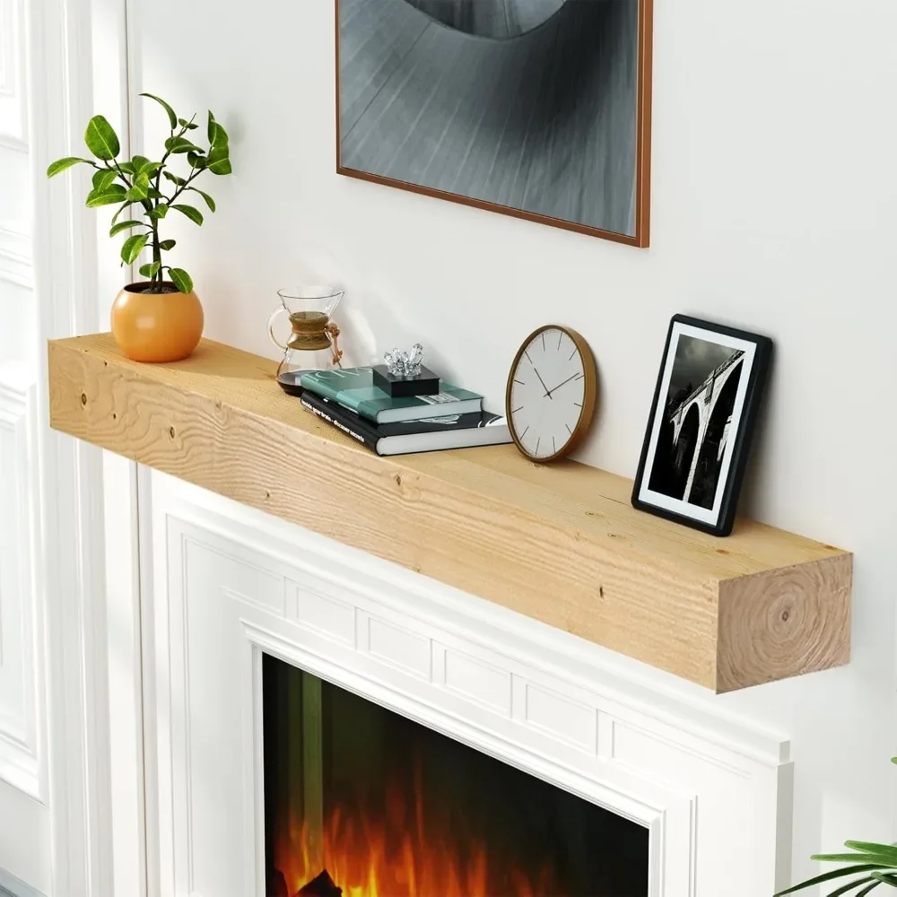 Wall Mounted Wooden Display Shelving, Handcrafted Wood Brack, Natural Mantels Over Fireplace, 72