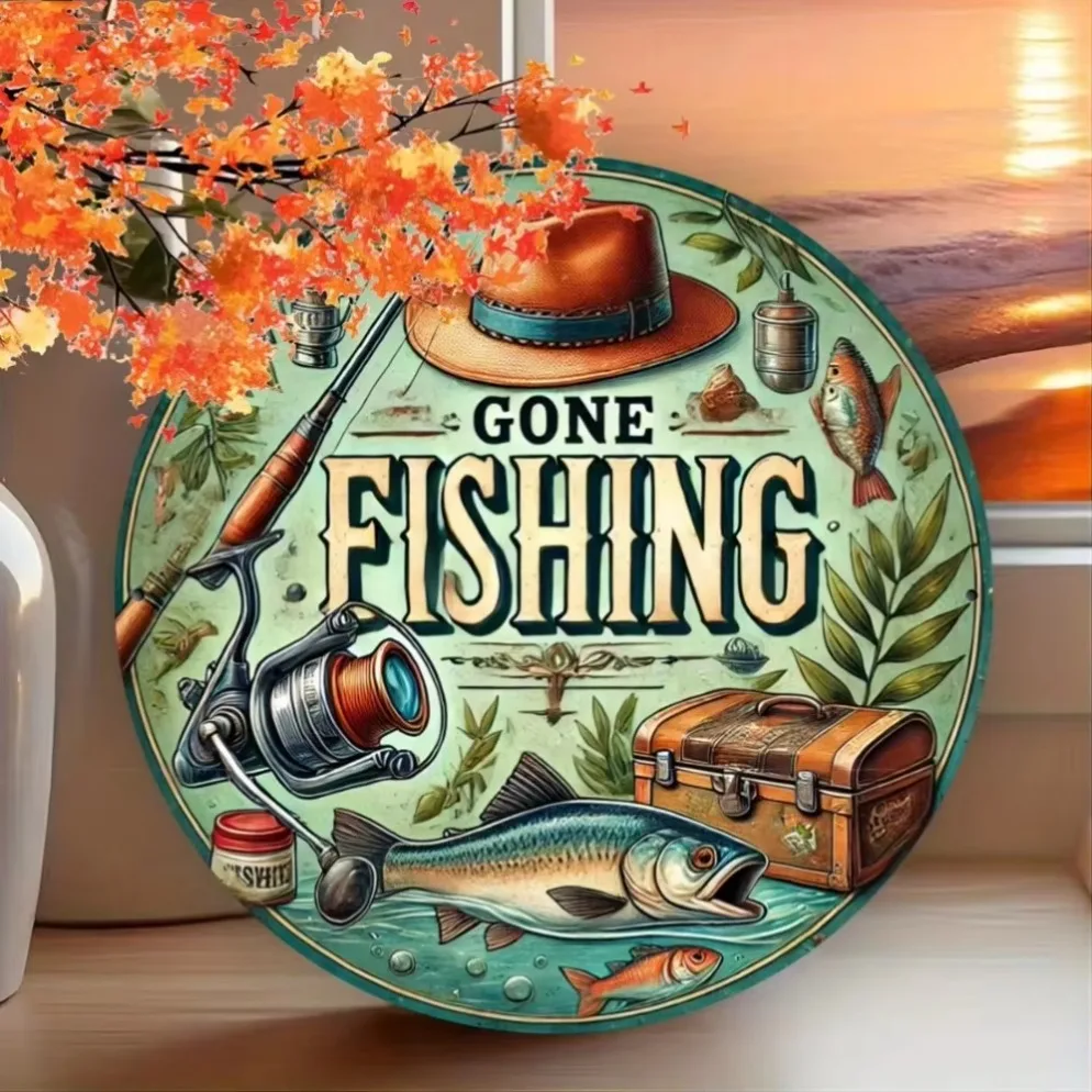 ديكور حائط ريفي "Gone Fishing" - فن داخلي/خارجي مقاوم للماء للمنازل والحدائق |   من السهل التعليق