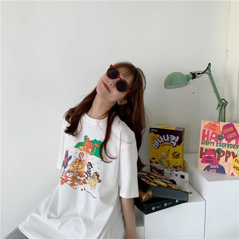 Japanese Style Cartoon Kawaii Print Women T Shirt Casual Streetwear Ulzzang Cotton Summer Graphic Funny Tee For Female Tops