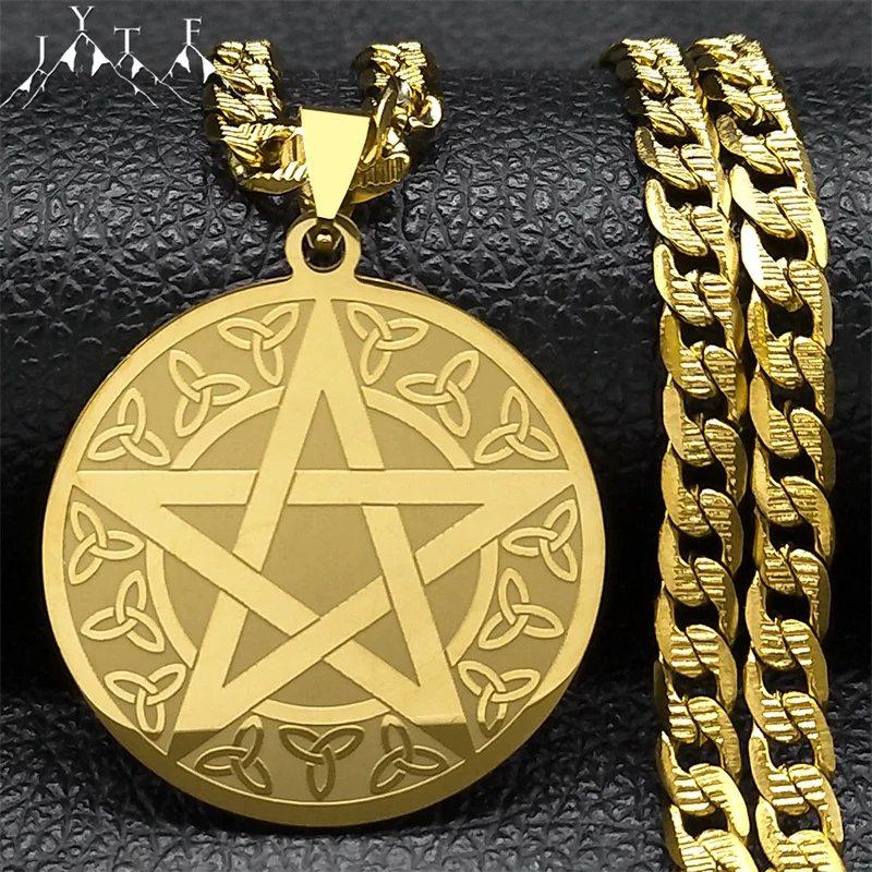 

Jewish Tetragrammaton Hebrew Pentagram Stainless Steel Necklaces for Men Gold Color Witch Knot Chain Jewelry colar masculino