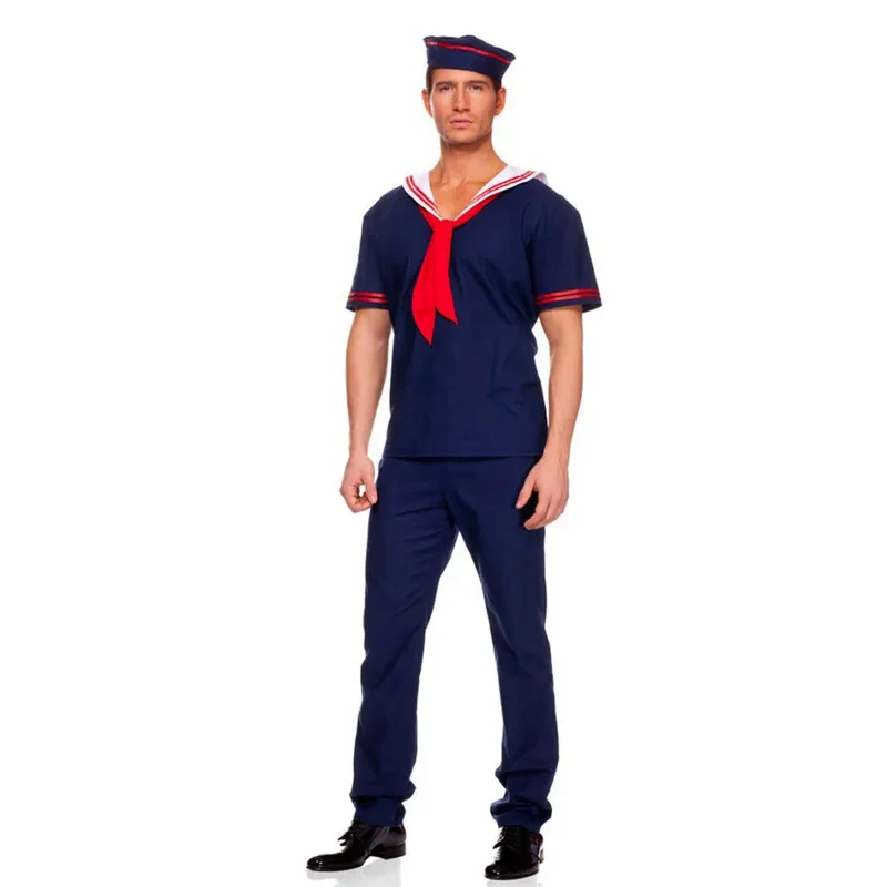 Men's Navy Sailor Cosplay Anime Costume Halloween Carnival Uniform Blue Worker Role Play Dress Shirt Pants Hat Festival Suit