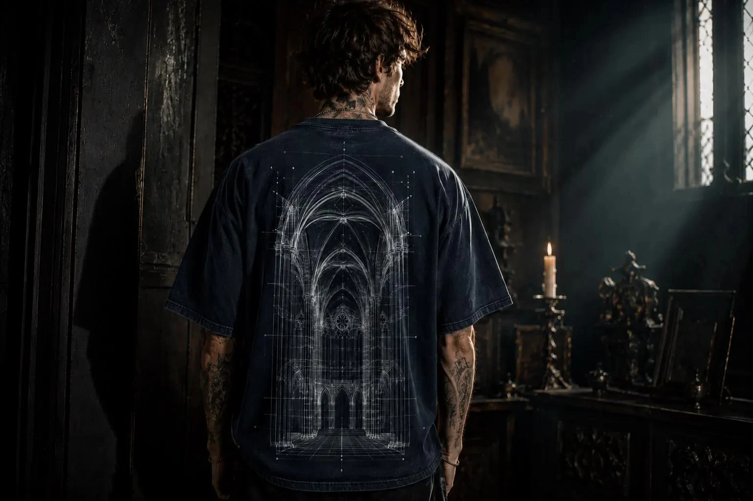 Men's Gothic Cathedral Blueprint Tee – Back Print Architectural Graphic – Dark Academia Streetwear – Unisex Oversized T-Shirt