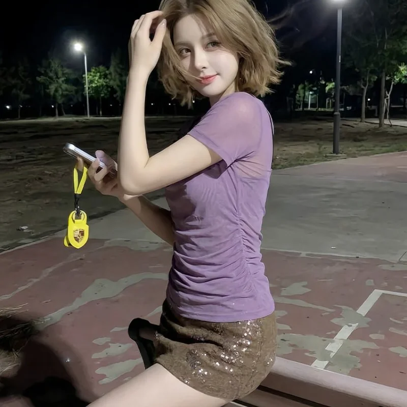 Purple Atmosphere Fake Two-Piece Short Sleeve T-Shirt Women's Summer Korean Style Beautiful  Knot Slimming BM Style Top