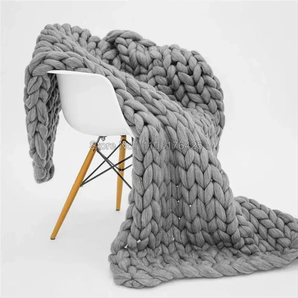 Grey Soft Knitted Blanket Winter Thick Sofa Throw Large Yarn Roving Blanket Chunky Handmade Weight Blankets Nordic Home Decor