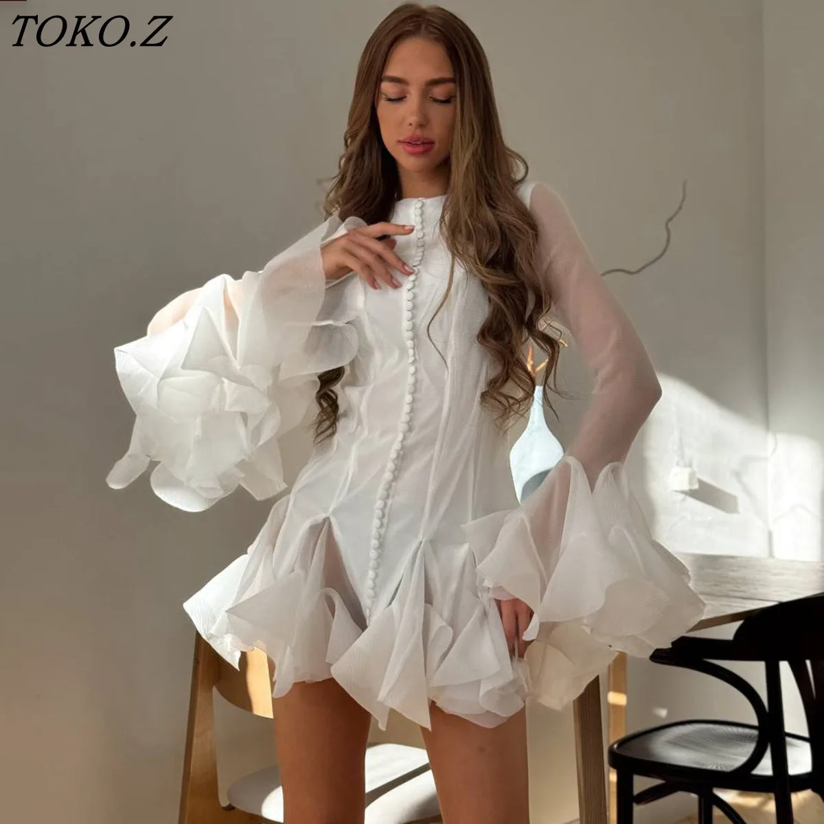 

TOKO 2026 New Women Mini Dress Sheer Long Sleeve Ruffle Cuff High Neck Button Front Organza Hem White Party Outfit