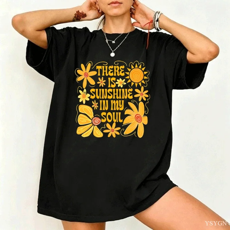 Sunshine in My Soul T-Shirt Women Mental Health T Shirt Boho Summer Vibes T Shirt Hippie Flower Tee Woman Clothing Tops
