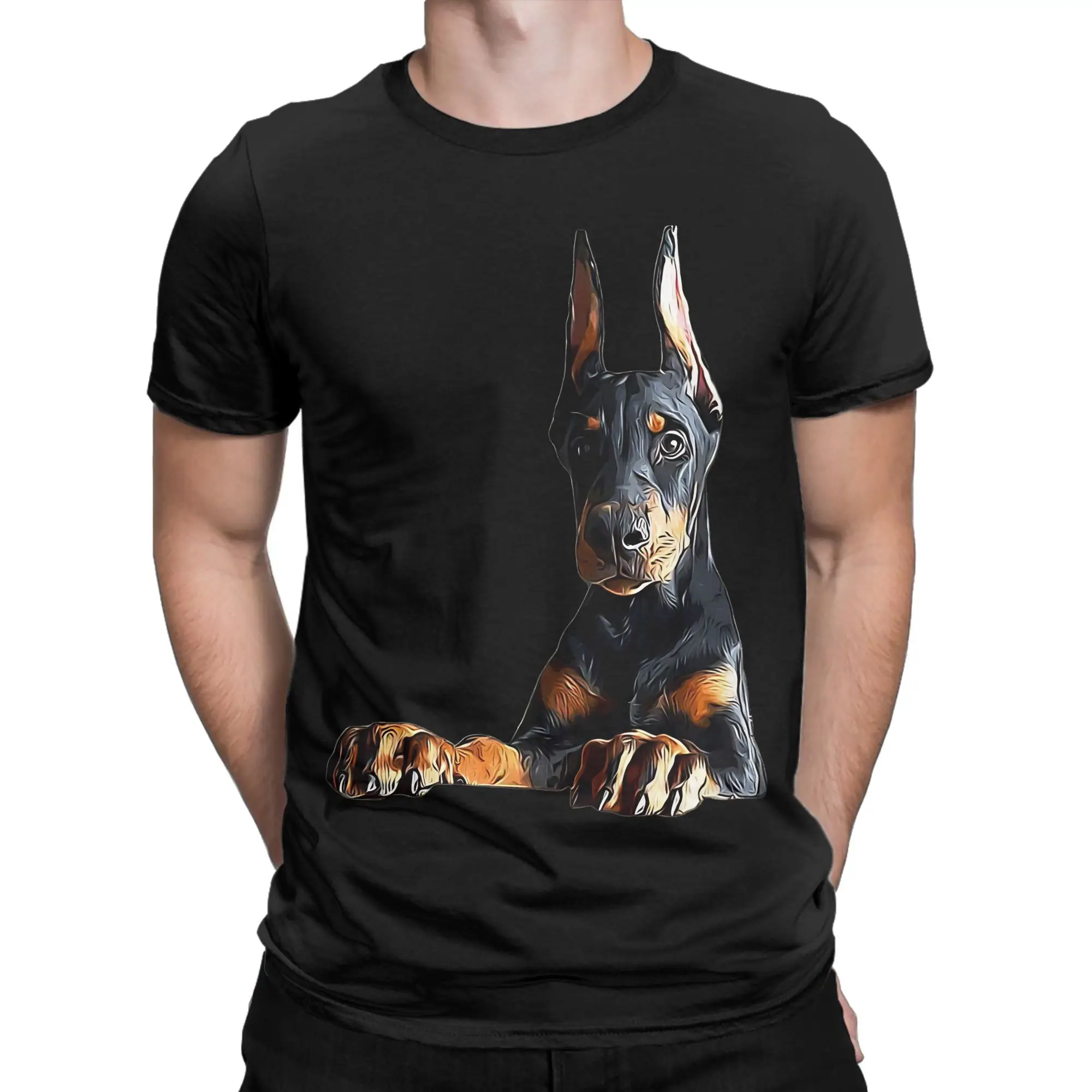 Doberman Puppy Dog Black and Tan T-Shirt for Men  Crazy Cotton Tees Round Collar Short Sleeve T Shirt Printed Clothes