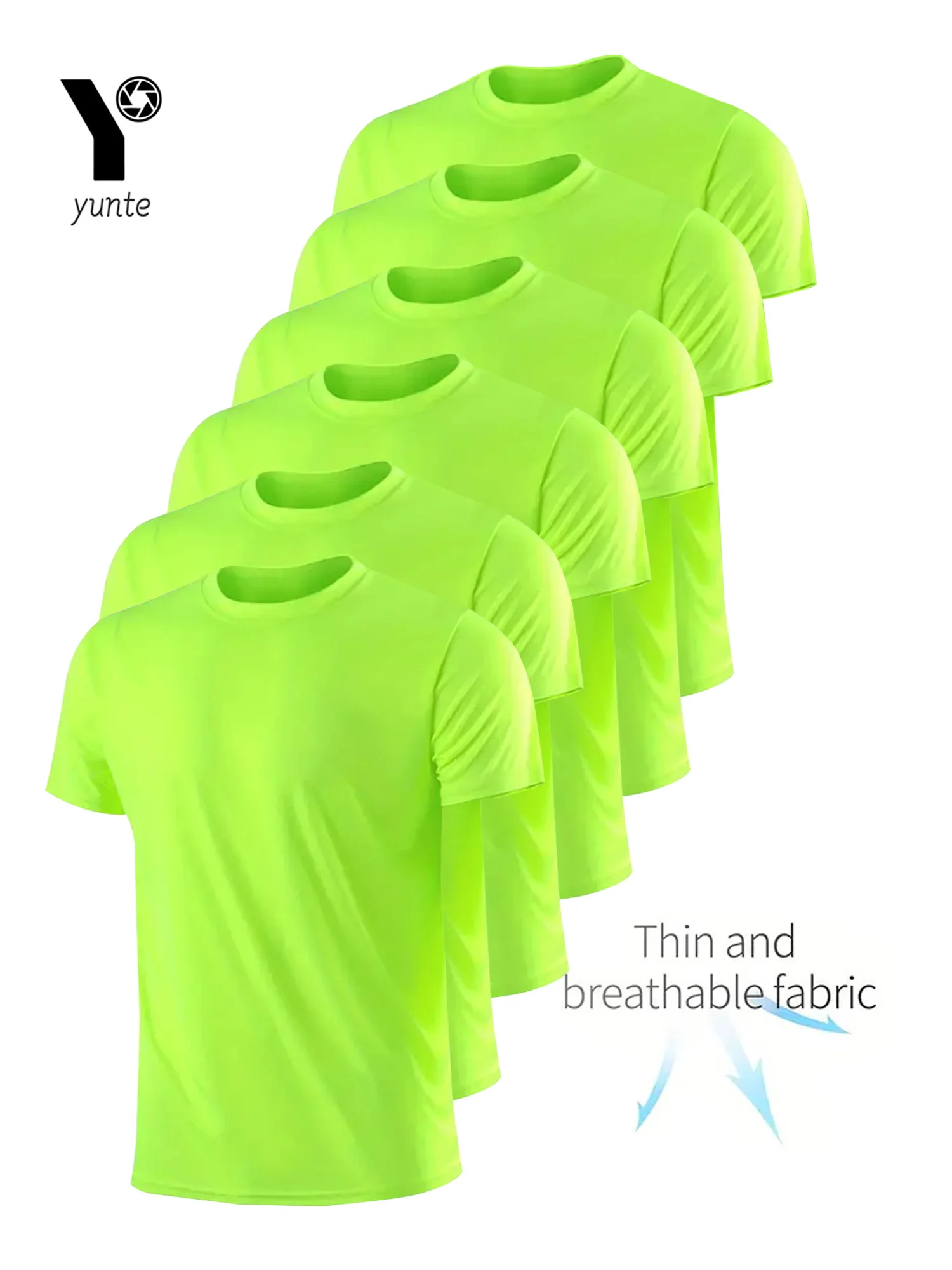 Crew T-Shirt6Pcs Fluorescent Green Ultralight Men Quick Dry Breathable Sweat Shirt for Fitness Gym and Running Light Plaid Quick