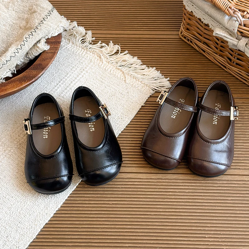 Spring Girl's Mary Jane Flats With Metal Buckle Minimalist Kids Leather Shoes Shallow Elegant Comfy School Children Shoe 23-34