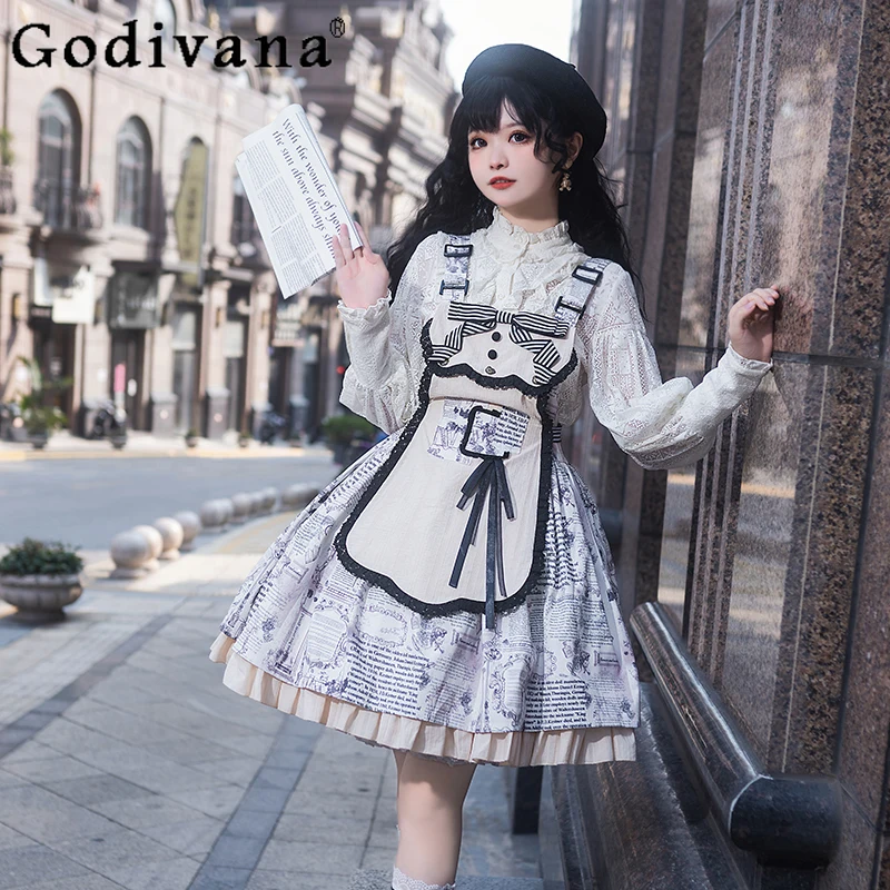 Primavera Autunno Vintage Grembiule staccabile Stampa Lolita Abito con cinturino al collo quadrato Dolce fiocco Ragazze Vita alta A-line Grandi abiti altalena