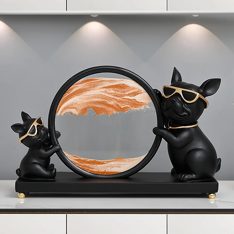 Black French Bulldog Statue and Sculpture with Running Sand Watch Round Hourglass Flowing Sand Clock Frame Moving Sandglass Art