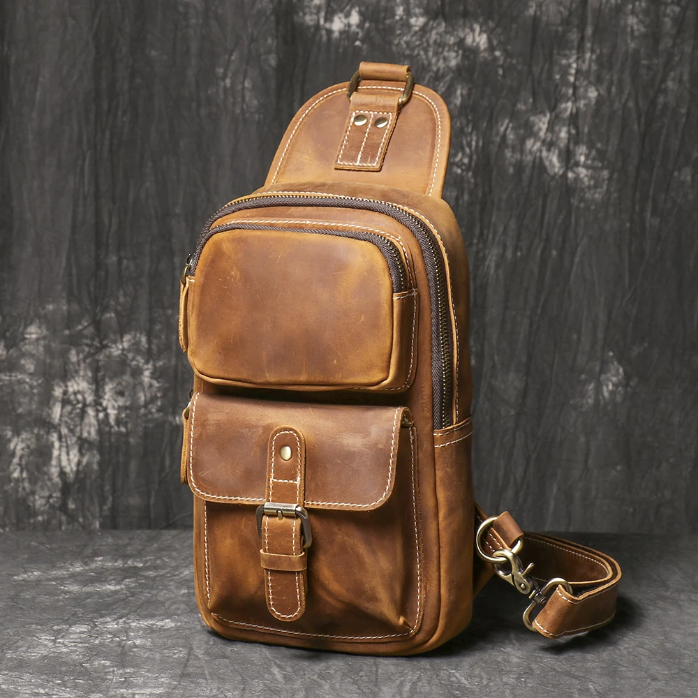 LUOKIR Vintage Men's Cowhide Chest Bag Outdoor Sports Large Capacity Single Shoulder Cross Body Bag Genuine Leather Men's Bag