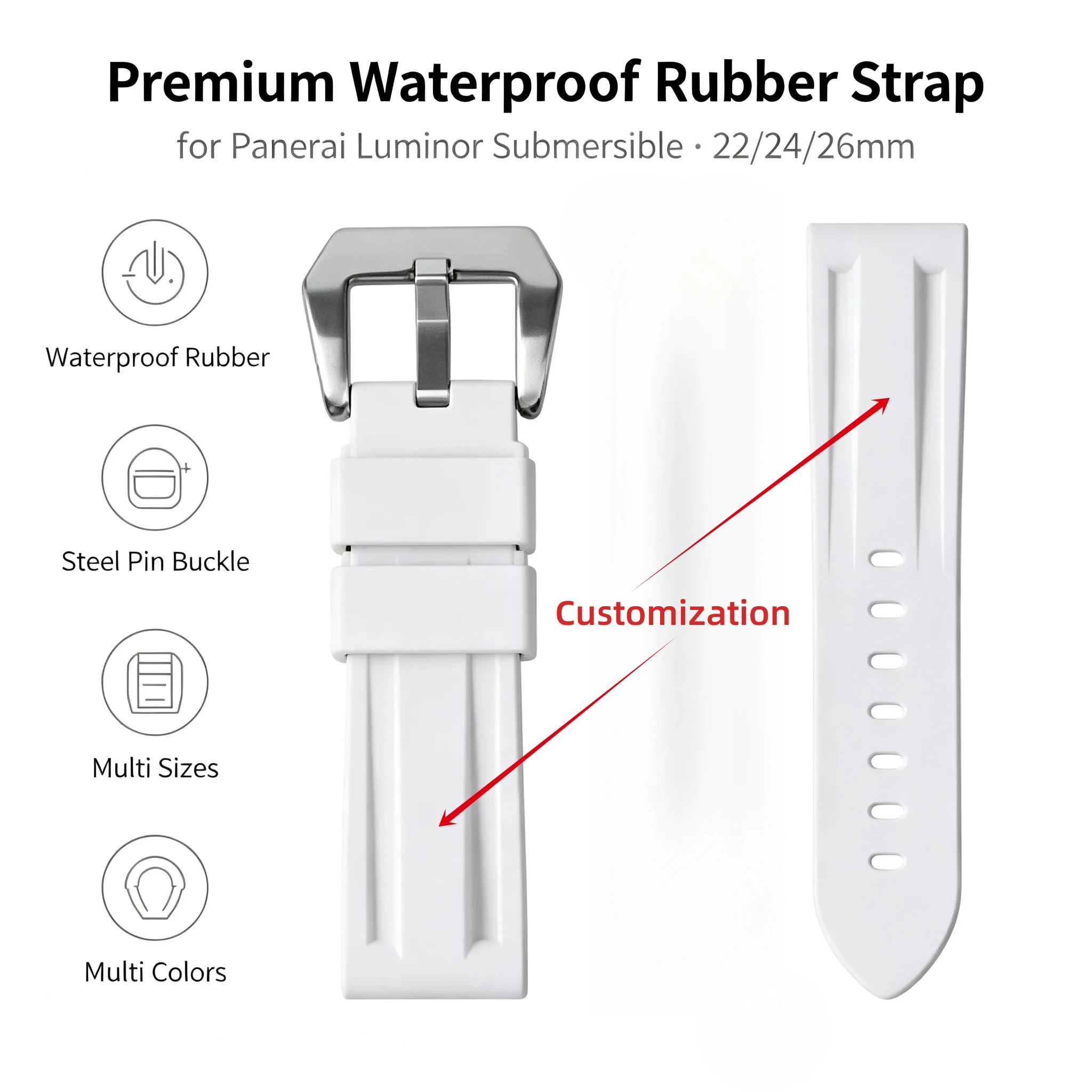 22mm 24mm 26mm Premium Waterproof Rubber Strap for Panerai Luminor Submersible White Steel Buckle Men's Replacement Watch Band