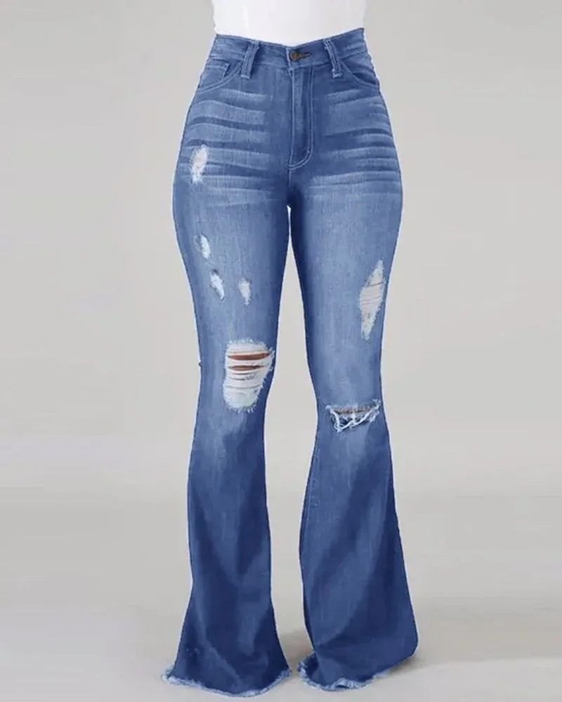 Women High Waist Flared Jeans Fashion Casual Broken Holes Streetwear Floor-length Trousers Female Commuter Wide Leg Denim Pants