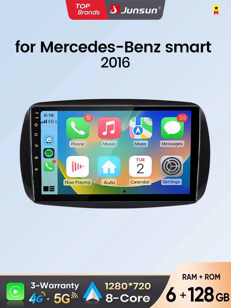 Junsun Android Auto Autoradio für Mercedes Benz Smart 453 Fortwo 2014 2015 2016-2020 Multimedia Wireless Apple CarPlay Intelligente Systeme IPS Touchscreen Stereo Videoplayer 2 Din Autoradio Head Unit
