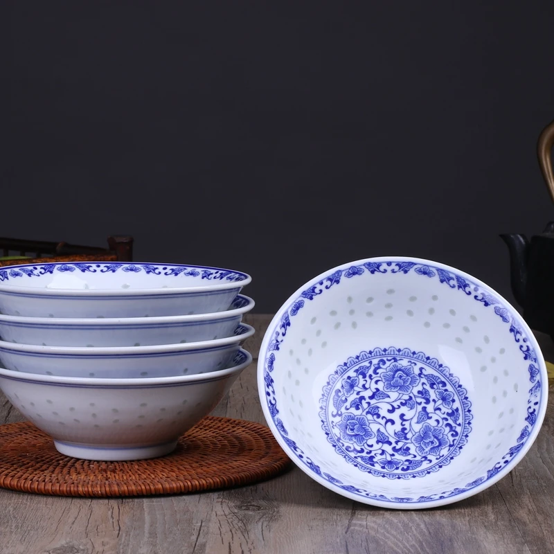 6 Inch Chinese Blue and White Porcelain Ramen Bowl Jingdezhen Ceramic Rice Bowls Vintage Noodle Bowl Tableware Fruit Salad Bowls