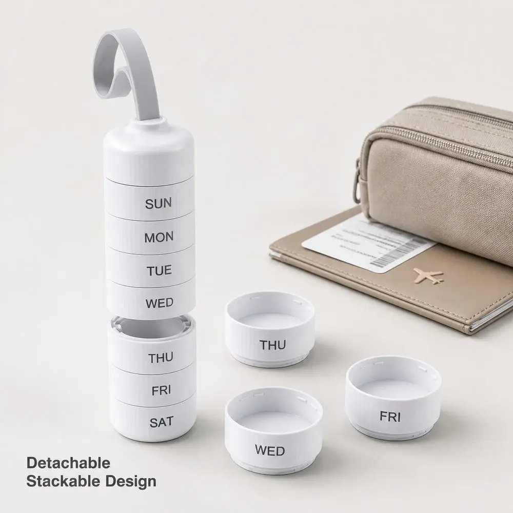 Stackable Weekly Pill Organizer Day Labels ABS Stackable Pill Case Carry Loop Medicine Storage Container