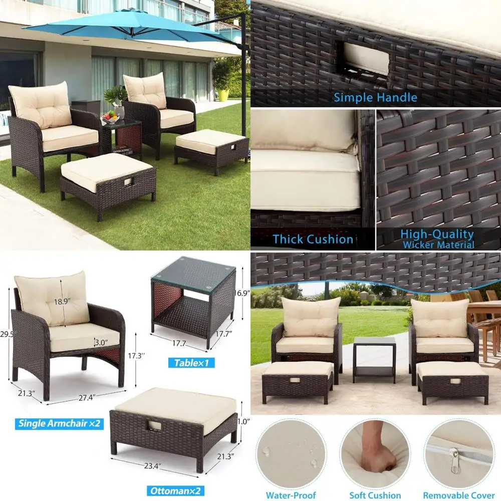 

5 Pieces Patio Furniture Set, Outdoor Rattan Chairs with Tempered Glass Coffee Table, Ottomans & Soft Cushions, Wicker Conversa