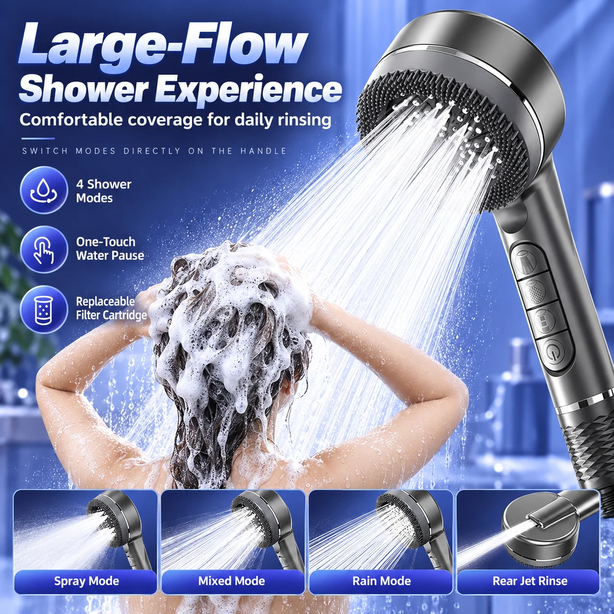 5-Mode High Pressure Handheld Shower Head with Filter, Spray Gun Function, One-Touch Water Stop, G1/2 Connection