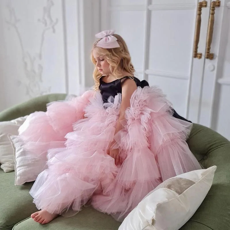 

Sweety Pink Ruffled Tulle Dresses Girls Puffy A-line Tiered Ruffles Birthday Party Gowns Floor Length Long Mesh Dress Kids