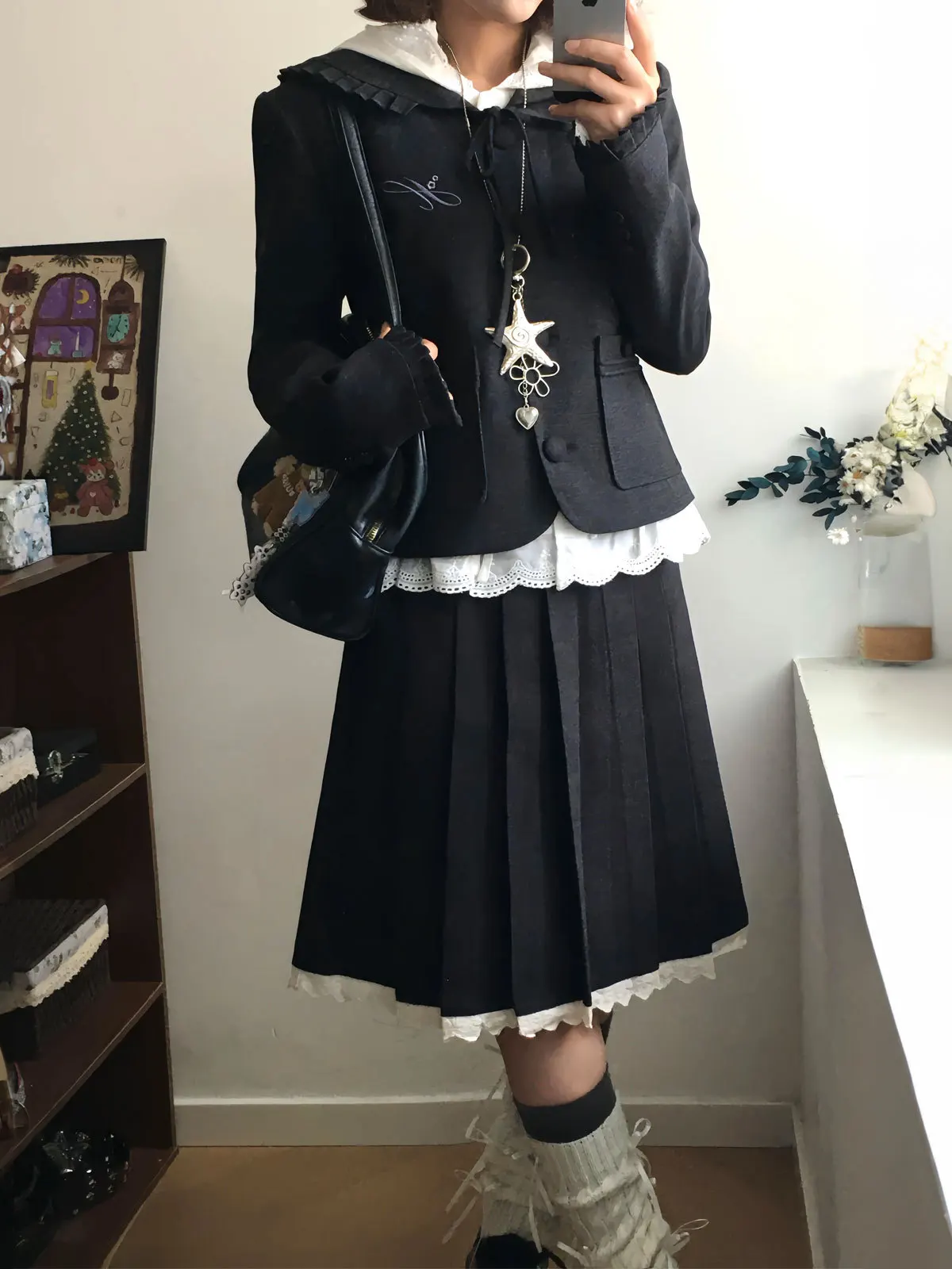 

Original Jk Uniform Black Suit Jacket Women's College Style Long Sleeve Midi Skirt Set Floral Trimmed Collar Autumn Fashion