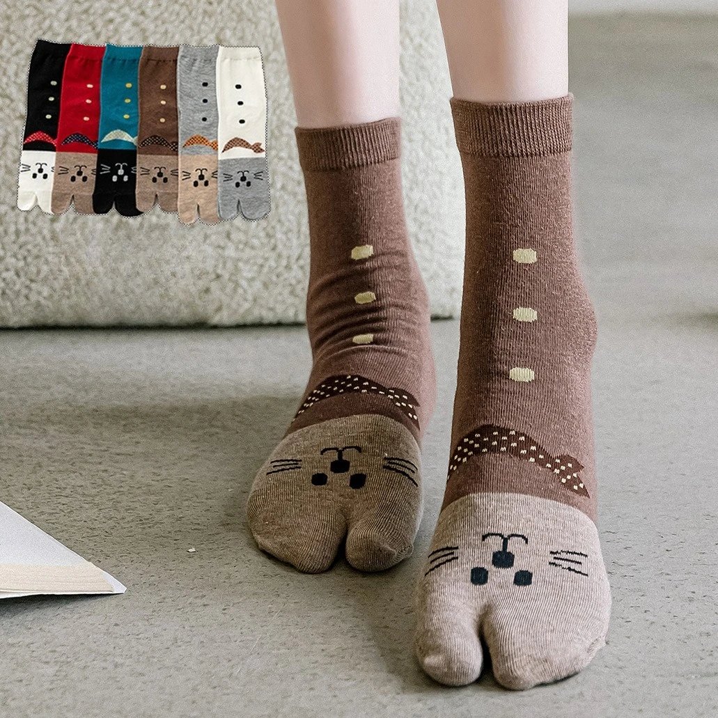 5 Pairs Women's Cotton Tabi Two-toe Socks Mid-Tube Cartoon Design for Spring And Autumn Comfortable Two-Finger Style