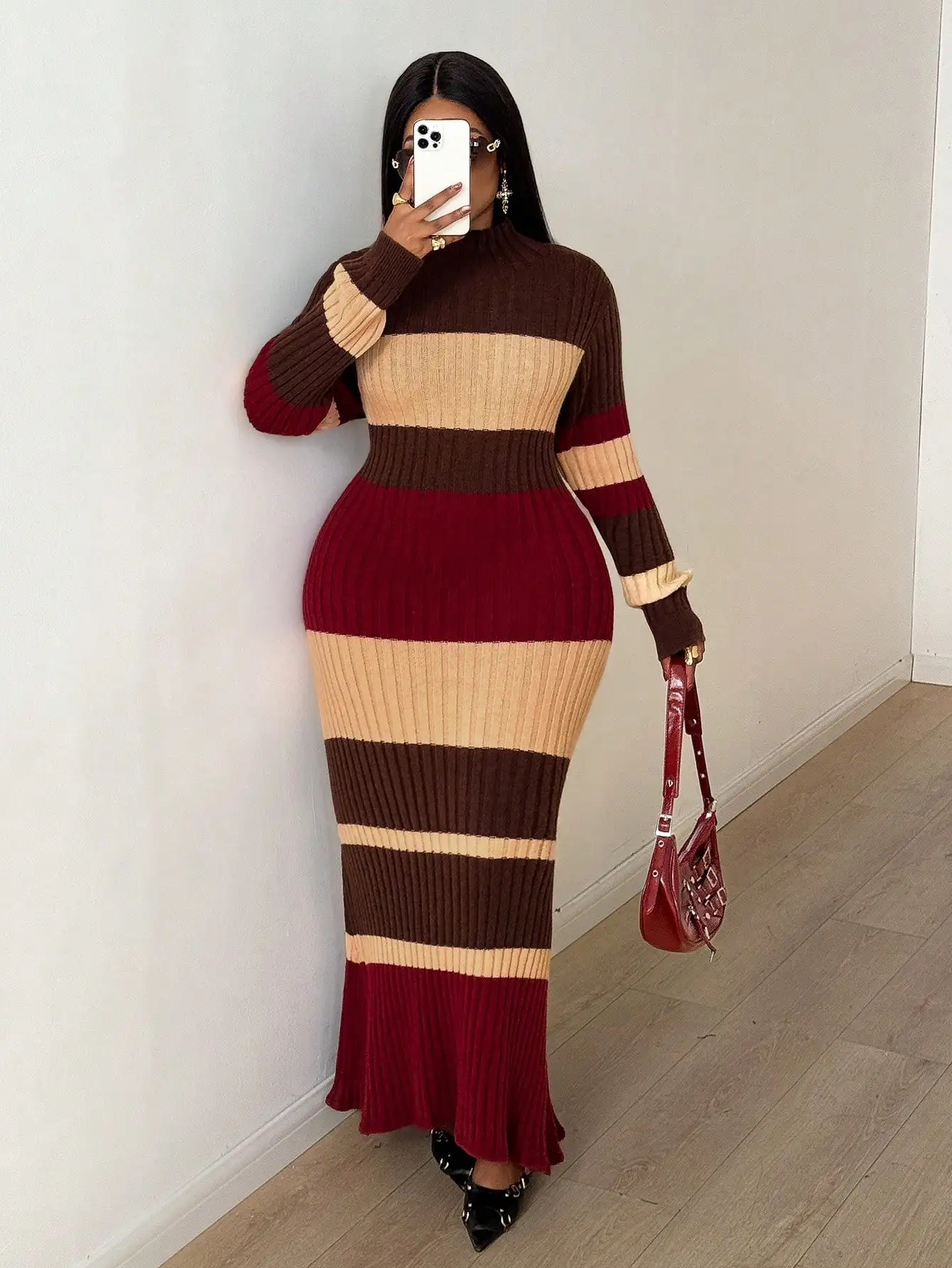 

Women's Striped Ribbed Turtleneck Maxi Dress, Fall Winter Plus Size Flared Hem Knit Dress