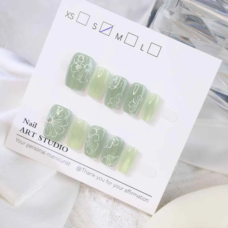 10 Pcs Ladies Handmade Cat Eye Press on Nails Gradient Ringflower Nail Patch Removable Girl Short Style Square Head Nail Tips