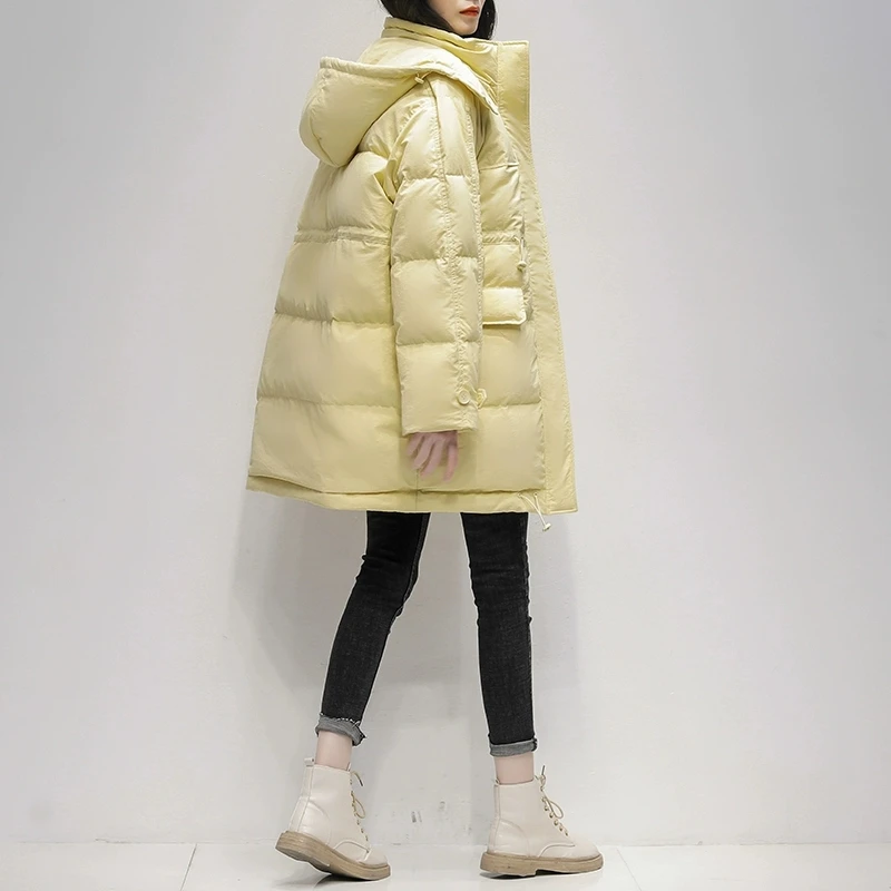 Medium long Hooded Down Jacket For women Winter 2025 New Korean version Loose White duck down Fashion Warm Coat Female