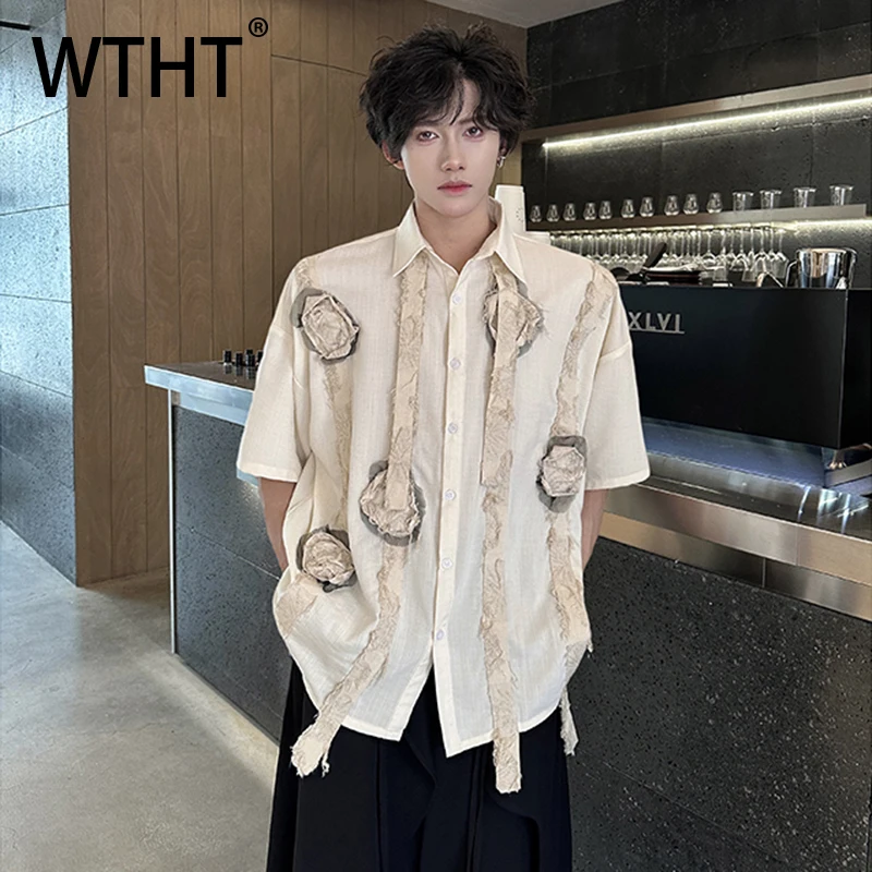 

WTHT модные мужские рубашки с квадратным цветочным принтом и лентой, модные однобортные топы с лацканами, мужские, лето 2021, 2A1248