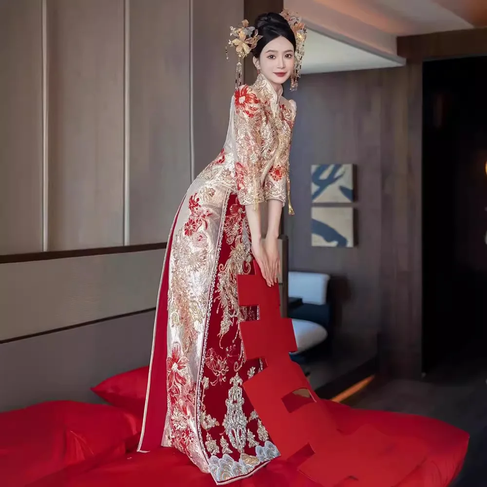 Xiuhe-Terno chinês nupcial Tang, Bordado Cadeia Brasão, Tang Suit, Vestido de casamento, High-end Dragão Phoenix, Indústria Pesada, Luxo