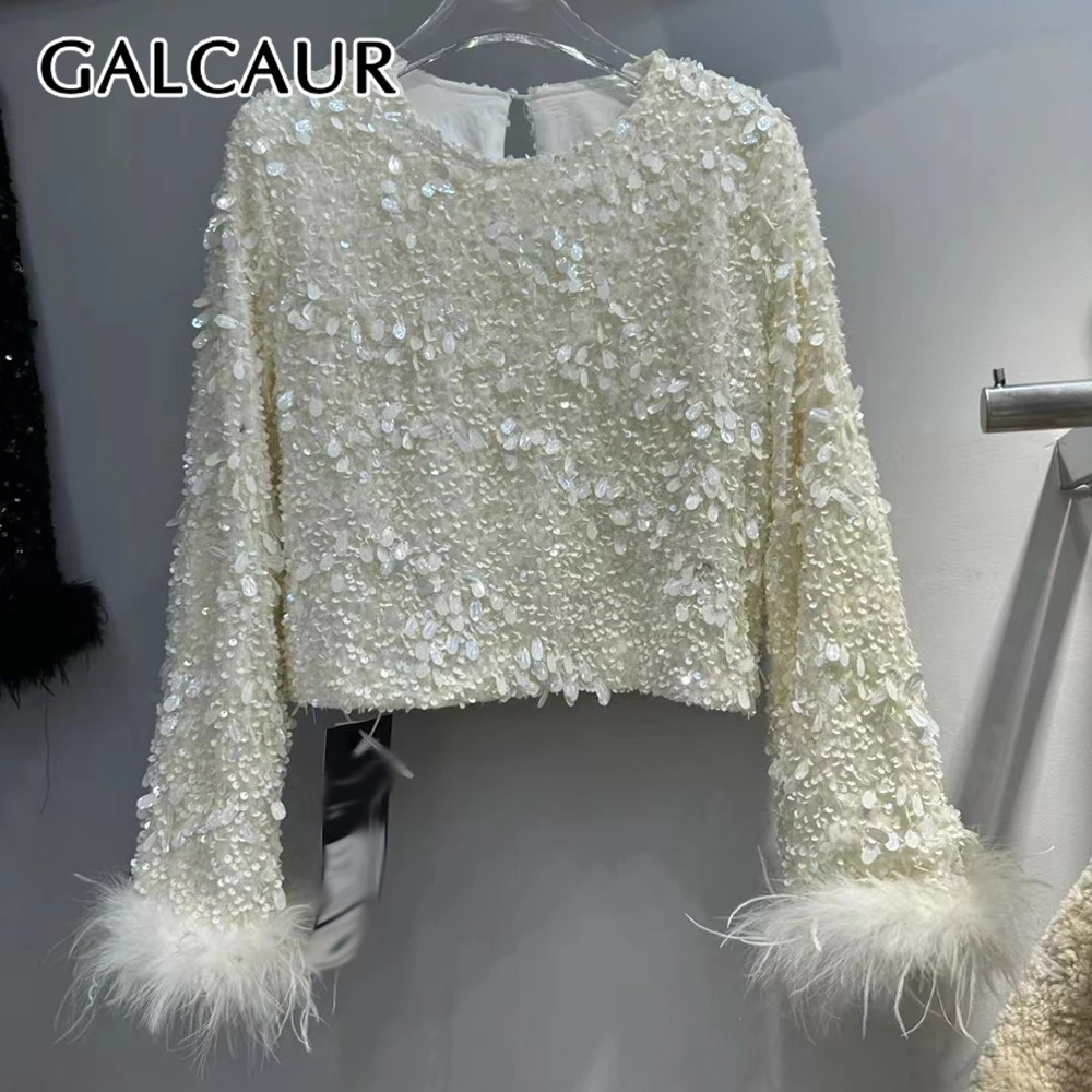 

GALCAUR однотонная куртка с блестками, женская свободная уличная одежда с круглым вырезом и длинными рукавами, роскошные женские куртки, модный осенний новый стиль