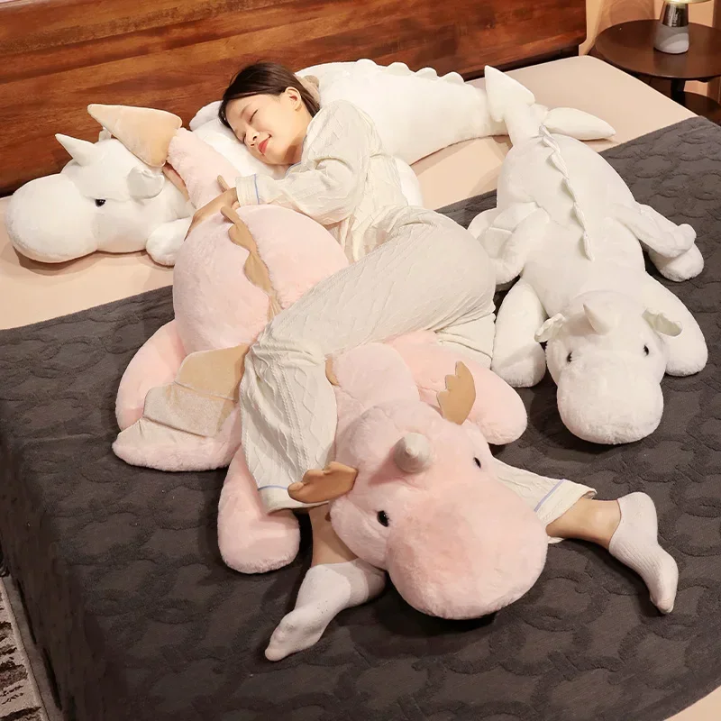 Dragón volador gigante de dibujos animados, dragón de nieve blanco y rosa, dinosaurio de peluche, juguete de peluche, muñeco de peluche suave, almohada grande para dormir, regalo para niños