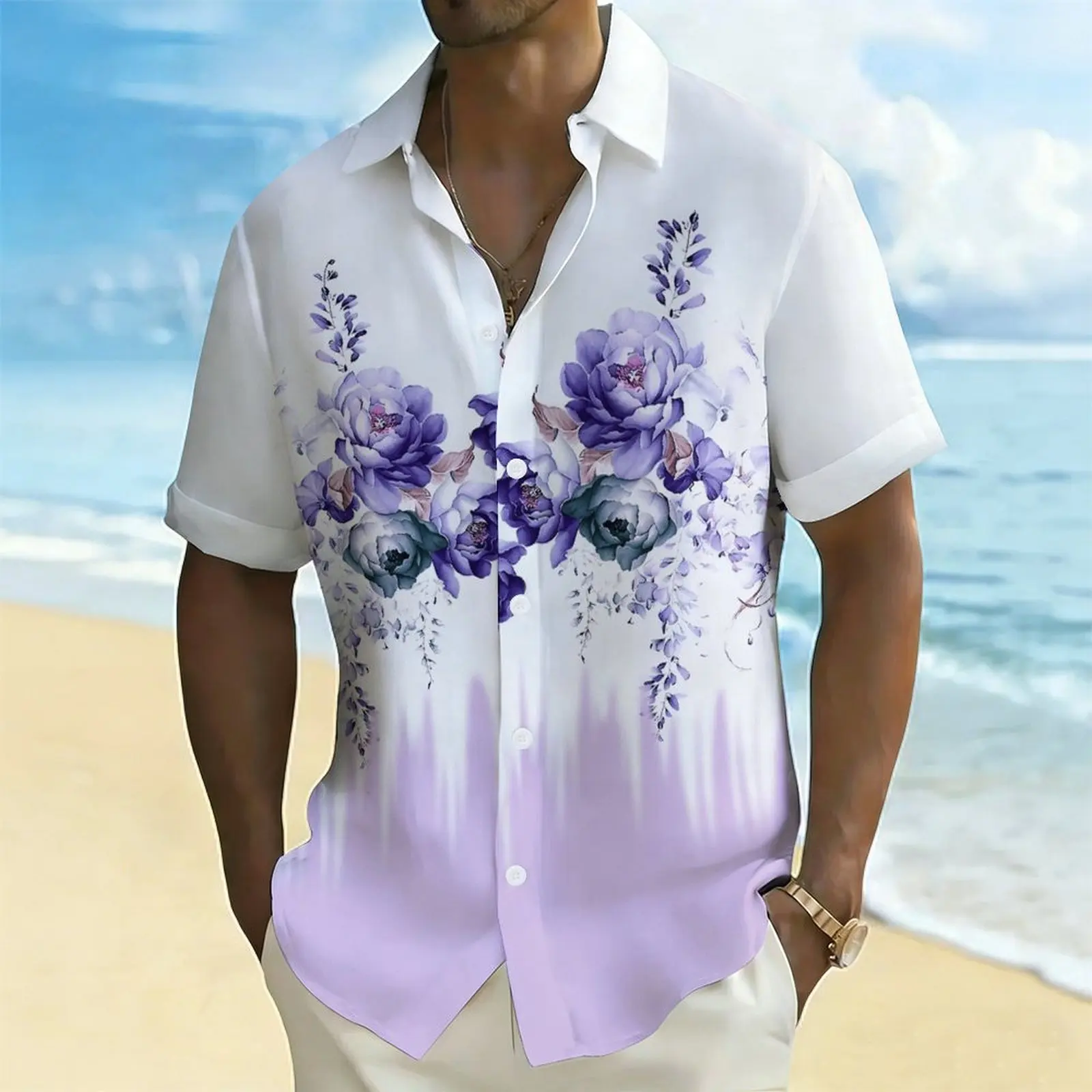 Men Floral Print Short Sleeve Shirt Turn Down Collar Button Up Casual Business Office Daily Wear Shirts