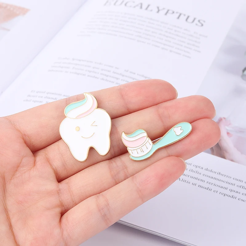 Cartoon Tooth Enamel Pin Funny Toothbrush Wink Smile Teeth Cat Claw Badge Dentist Gifts Kawaii Kids Jewelry Gifts for Friends