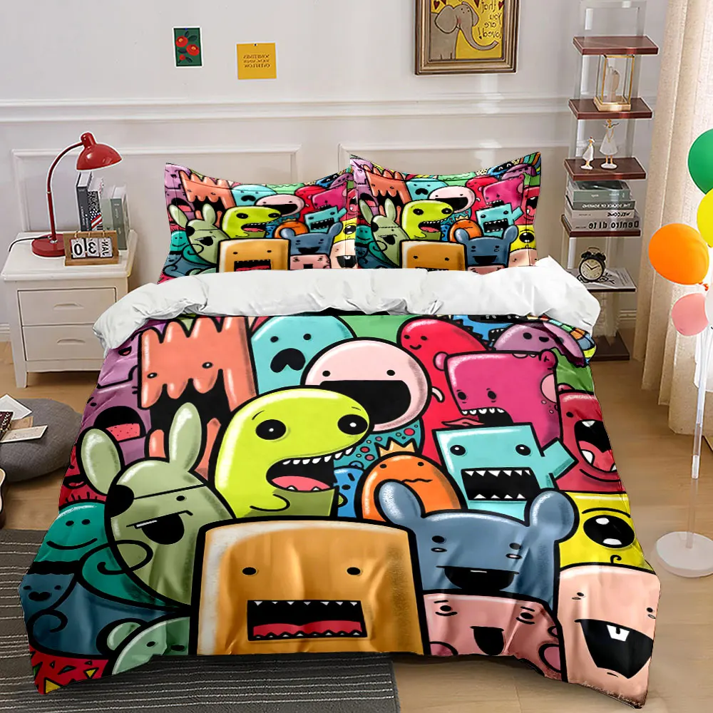 Colorful Cartoon Monster Group Print Bedding Set 1 Duvet Cover 2 Pillowcases for Adult and Children Luxury Gift Full Size