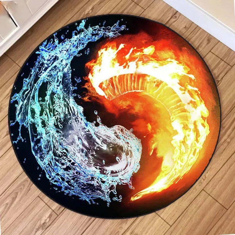 Water Fire Yin Yang Round Rug - Non-Slip Wear Resistant Circle Carpet for Living Room Bedroom Soft Floor Mat Home Decor