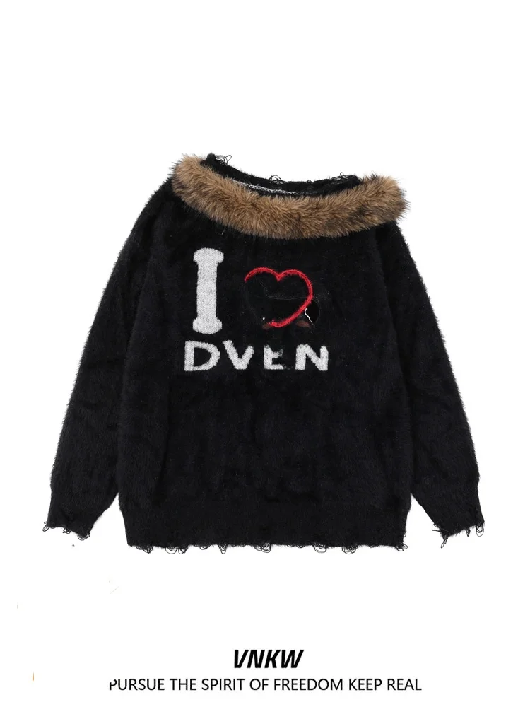 

American Sle Hot Girl Sausage Dog Embroidered Knitted Sweater Women's Autumn Winter Camere Detachable Fur Collar Couple Tops
