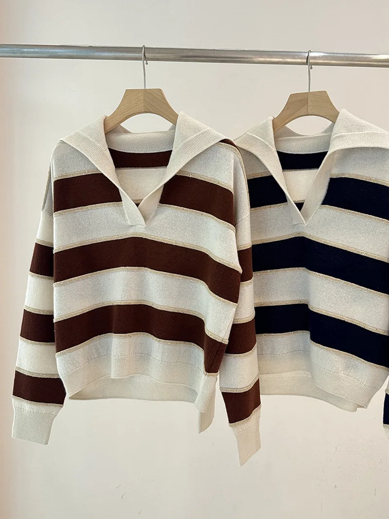 2026 Casual Color Block Pullover Knit Sweater With Large Collar, Cashmere Sweater For Women, Retro Style