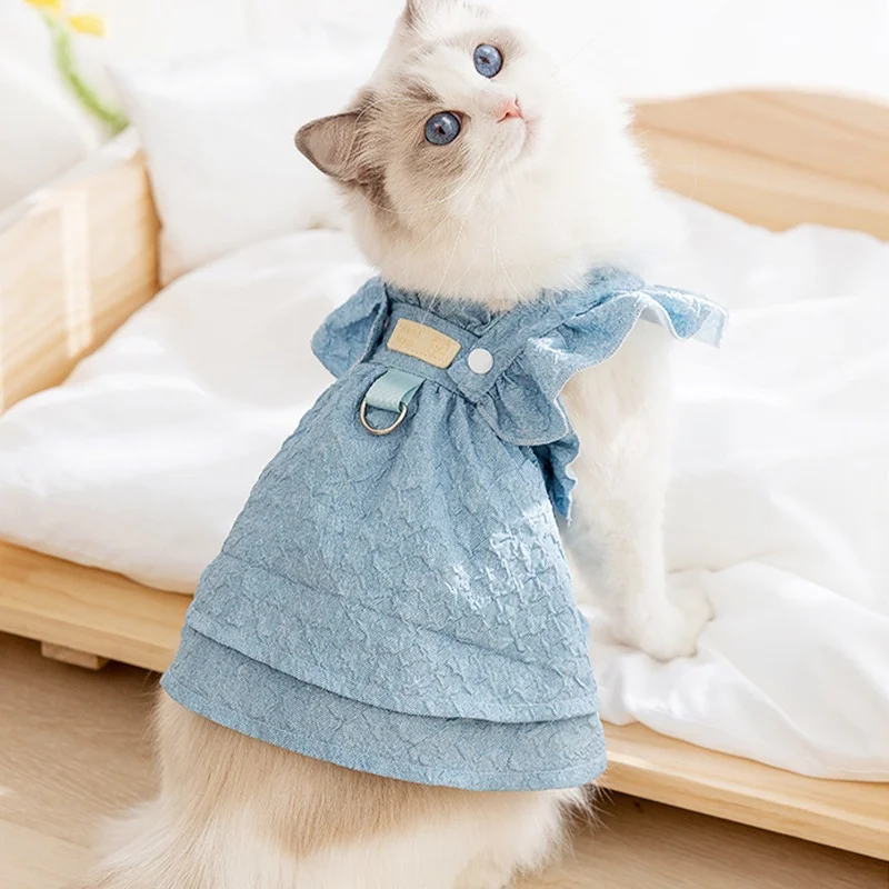 Princess Style Dog Dresses Denim Dog Dress Suspender Pet Clothing Cat Flying Sleeves Skirt Denim Skirt for Small Dogs Clothing