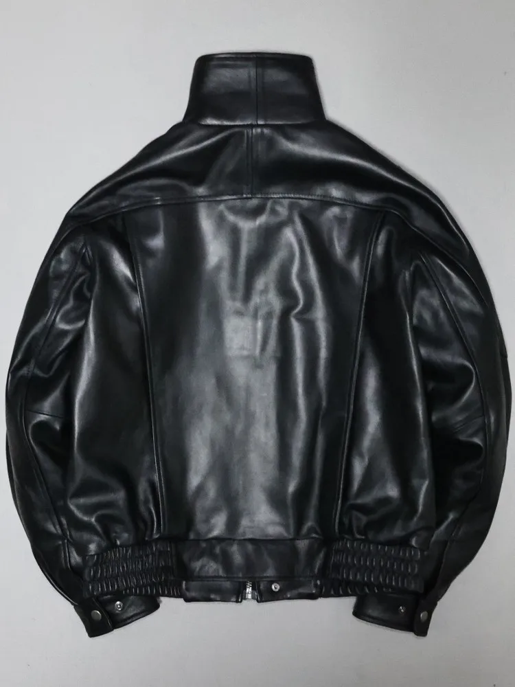 Winter Mens Double Layered Collar Black Sheepskin Jackets Zipper Loose Genuine Leather Motorcycle Jacket Youthful Casual Coat