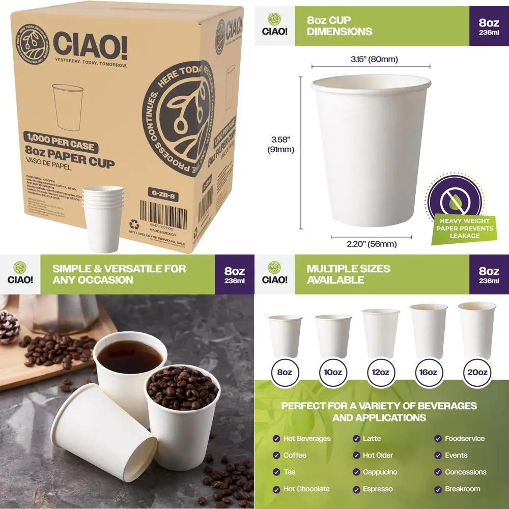 

Одноразовые белые бумажные стаканчики, емкость 8 унций, диаметр 80 мм, упаковка 1000 шт., экологически чистые и удобные