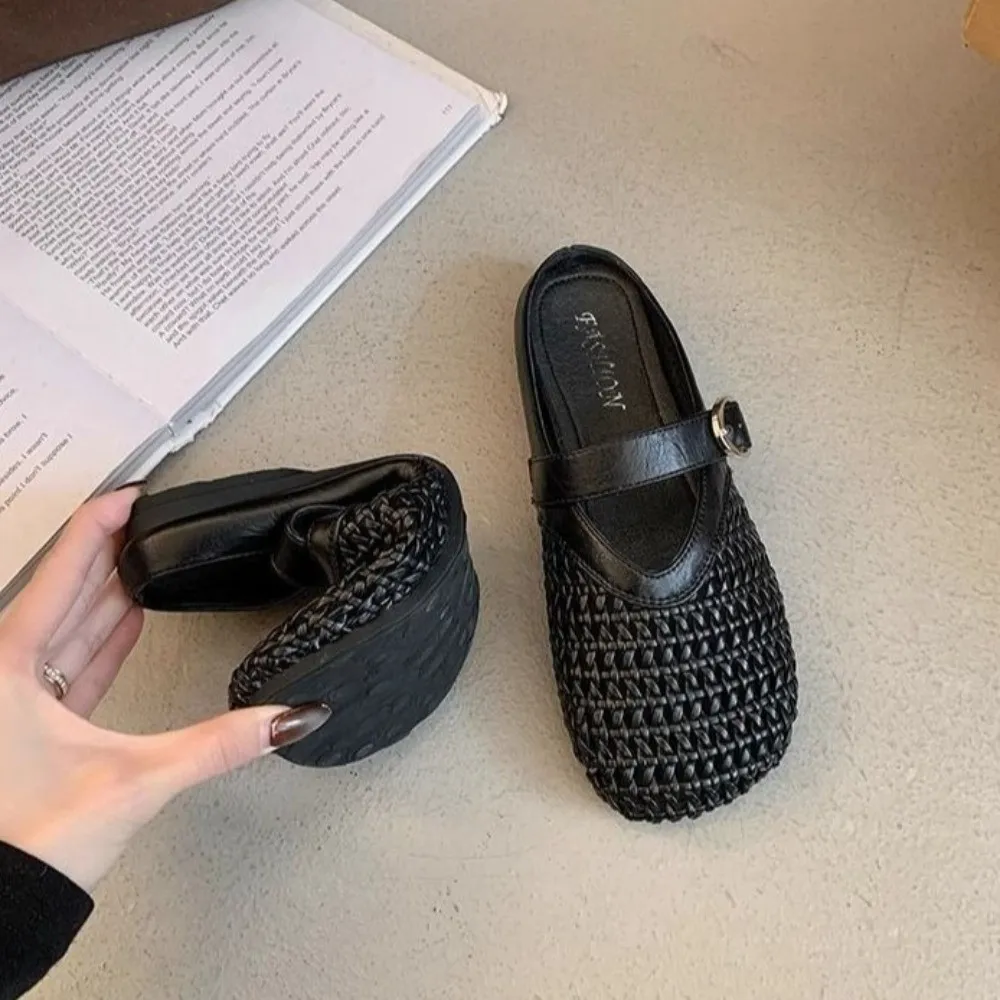1Pair Casual Mesh Hollow Baotou Half Slippers Lightweight Comfortable Breathable Sandals Soft Bottom Woven Flat Shoes Summer