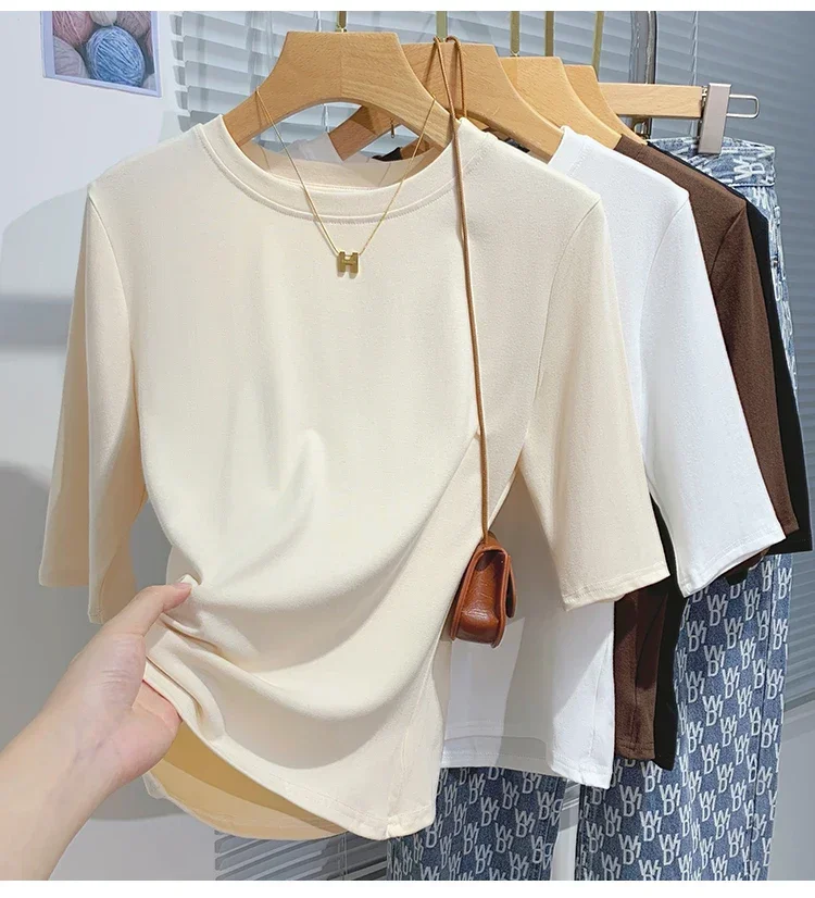 zjaiss 2026 Frühling Herbst Baumwolle Damen T-Shirt Modisches Basic Rundhals-Shirt Einfarbiges Damen Kurzarm-Oberteil – Detail 7