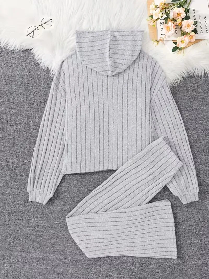 Girls 2-Piece Ribbed Knit Loungewear Set – Light Grey Hooded Top & Flared Pants Set for Kids