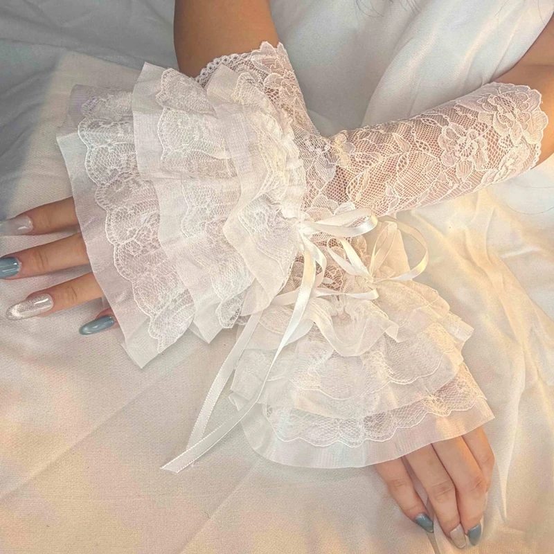 Sweet Layered Floral Lace False Sleeves Lolita Bowknot Ruffle Wrist Cuffs Arm Warmer Fingerless Gloves Cosplay Accessories