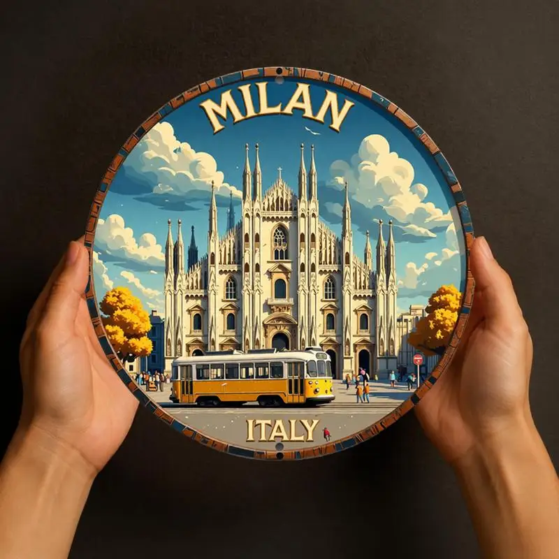 CIFBUY Vintage Milan Cathedral Tram Print Round Aluminum Wall Art, Waterproof Durable Decor for Living Room Office Bedroom Home
