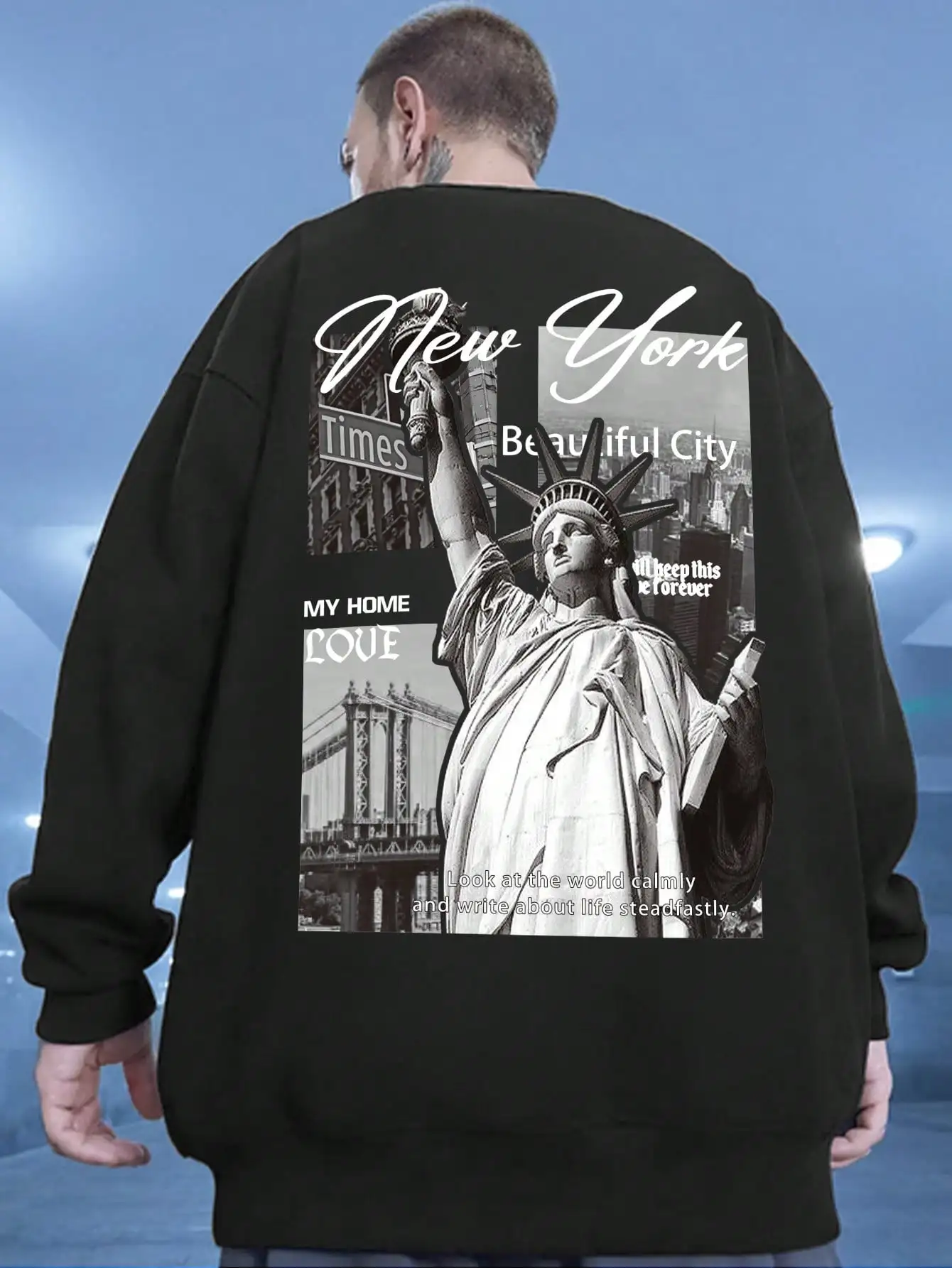 New York Statue Of Goddess Scenery Beautiful Printed Men Tops Hip Hop Fleece Sweatshirts Casual Crewneck Clothes New Streetwear